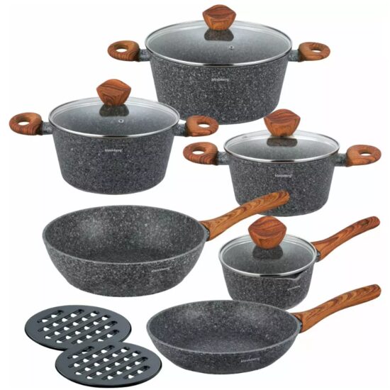 Set 6 oale din aluminiu turnat, cu strat marmorat gri, capac sticla, 16, 20,24,28cm, Klausberg