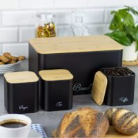 Set cutie paine si 3 recipiente pentru bucatarie, oțel-bambus, negru, KingHoff