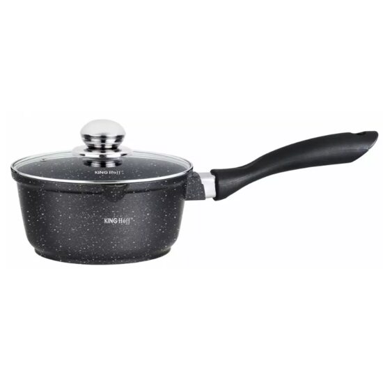 Cratita din aluminiu turnat, cu strat marmorat, cu capac din  sticla, 16 cm, 1.3 litri, negru, Kinghoff