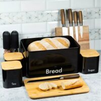 Set cutie paine si recipiente pentru zahar, cafea, ceai, oțel-bambus, negru, KingHoff