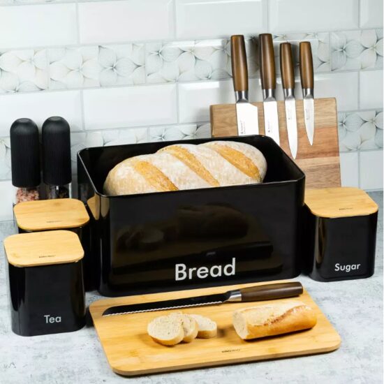 Set cutie paine si recipiente pentru zahar, cafea, ceai, oțel-bambus, negru, KingHoff