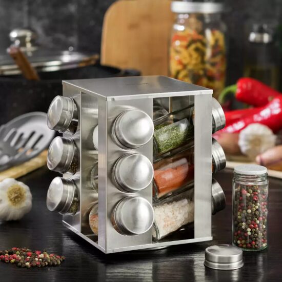 Set 12 recipiente pentru condimente, cu suport, inox si sticla, Kinghoff