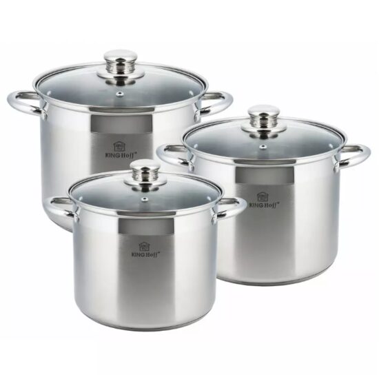 Set 3 oale din inox, cu capac sticla, 11.1l, 13.5l, 16.2l, KingHoff