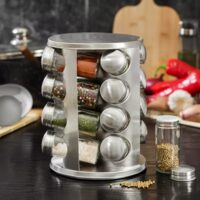 Set de 16 recipiente, otel inoxidabil si sticla cu suport, pentru contimente, Kinghoff