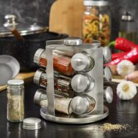 Set 12 recipiente pentru contimente, otel inoxidabil si sticla cu suport, Kinghoff