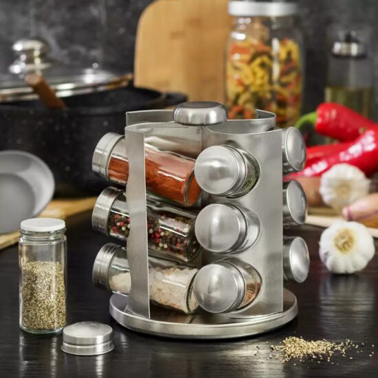 Set 12 recipiente pentru contimente, otel inoxidabil si sticla cu suport, Kinghoff