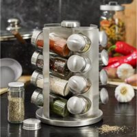 Set de 16 recipiente pentru condimente, otel inoxidabil si sticla, cu suport, Kinghoff