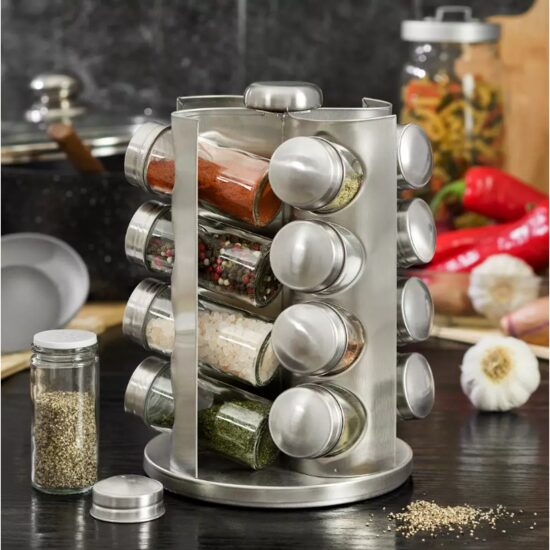 Set de 16 recipiente pentru condimente, otel inoxidabil si sticla, cu suport, Kinghoff