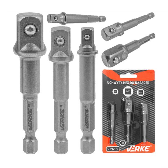 Set 3 adaptoare hexagonale pentru chei tubulare, 1/4", 3/8", 1/2", Verke