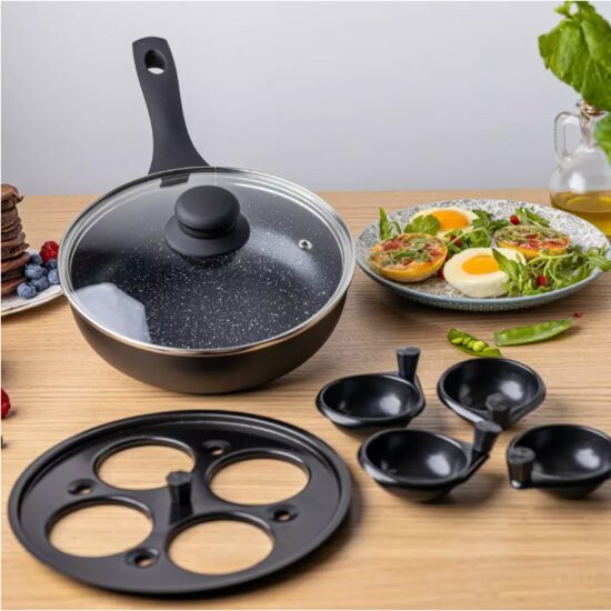 Tigaie din aluminiu cu suprafata antiaderenta, include recipiente pentru gatitit oua, cu capac, 20 x 6 cm, Kinghoff