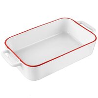 Vas termorezistent din ceramica dreptunghilar pentru cuptor, 33 cm, capacitate 2.2 litri, alb cu margine rosie, Yucca Florina