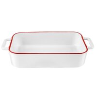 Vas termorezistent din ceramica dreptunghilar pentru cuptor, 27 cm, capacitate 1.5 litri, alb cu margine rosie, Yucca Florina