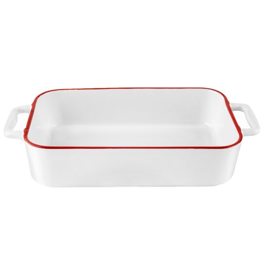 Vas termorezistent din ceramica dreptunghilar pentru cuptor, 27 cm, capacitate 1.5 litri, alb cu margine rosie, Yucca Florina