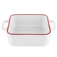 Vas termorezistent din ceramica patrat pentru cuptor, 33 cm, capacitate 3.5 litri, alb cu margine rosie, Yucca Florina