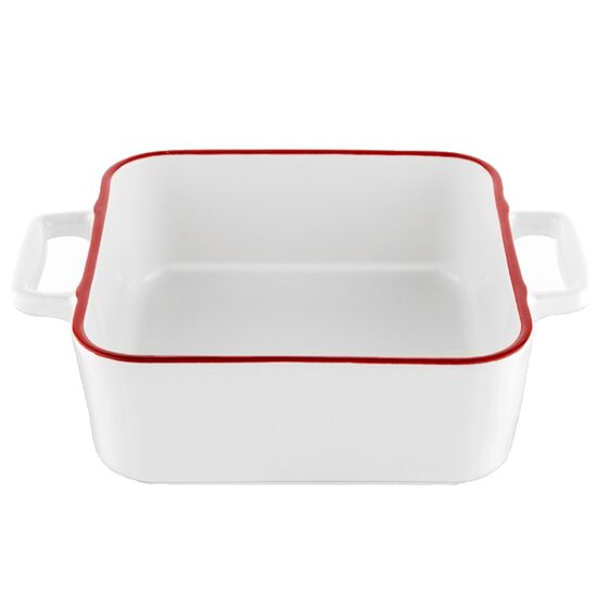 Vas termorezistent din ceramica patrat pentru cuptor, 33 cm, capacitate 3.5 litri, alb cu margine rosie, Yucca Florina