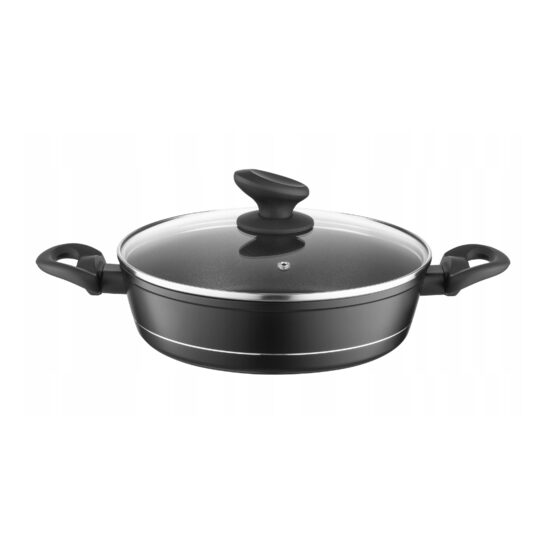 Oala joasa din aluminiu forjat, cu capac, 28cm, 3.5L, invelis antiaderent negru si manere izolate termic, design modern, calitate superioara, Florina Delux