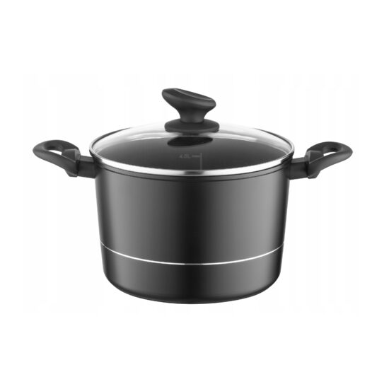 Oala inalta din aluminiu forjat, cu capac, 22cm-5L, invelis antiaderent negru si manere izolate termic, design modern, calitate superioara, Florina Delux