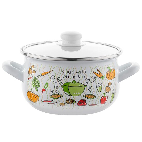 Oala cu capac din sticla, din inox, emailata, alba , 20cm-4.2l, FLORINA