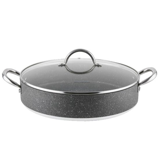 Oala joasa cu capac din sticla, aluminiu, 2 straturi marmorate, compatibila cu toate tipurile de aragaz, 30 x 7 cm, capacitate 4.2 litri, gri, Onyx Florina