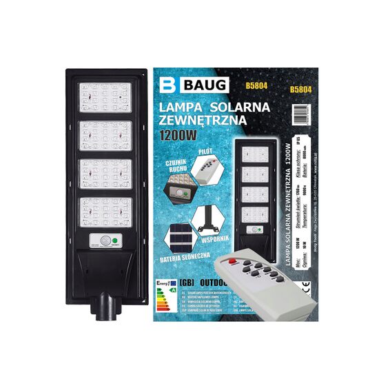 Lampa cu incarcare solara, pentru exterior, proiector 1200 W 1760 lm, cu telecomanda, Led, Baug