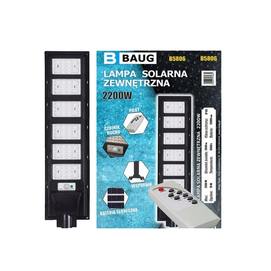 Lampa cu incarcare solara, pentru exterior, proiector 2200 W 2640 lm, cu telecomanda, Led, Baug