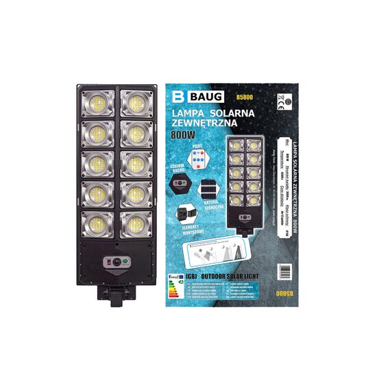 Lampa cu incarcare solara, pentru exterior, proiector 800 W 3000 lm, cu telecomanda, Led, Baug