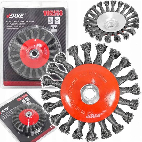 Perie de sarma circulara, cu toroane, otel inoxidabil, 125mm, M14, pentru polizor, Verke