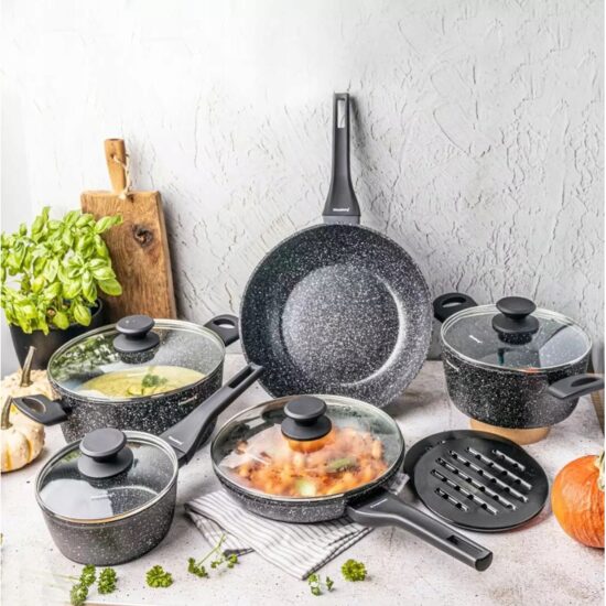Set 12 piese, oala cu capac 4.4l, 2.4l, 1.2l, tigaie 28cm, 24cm, aluminiu turnat,  marmorate, Klausberg