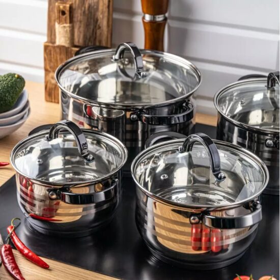 Set 4 oale, din inox, cu capac, manere negre ,16/18/20/24cm, Klausberg