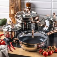Set 12 piese inox, cu capac din sticla, 5 oale si o tigaie, gri, roze, Klausberg
