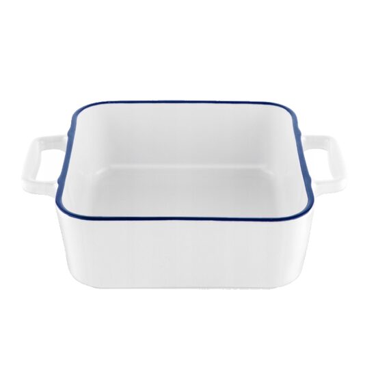 Vas termorezistent din ceramica patrat pentru cuptor, 22 cm, capacitate 1.5 litri, alb cu margine albastra, Yucca Florina