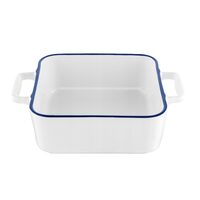 Vas termorezistent din ceramica patrat pentru cuptor, 33 cm, capacitate 3.5 litri, alb cu margine albastra, Yucca Florina