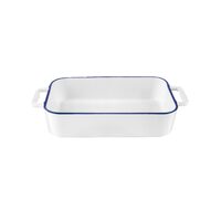 Vas termorezistent din ceramica dreptunghilar pentru cuptor, 27 cm, capacitate 1.5 litri, alb cu margine albastra, Yucca Florina