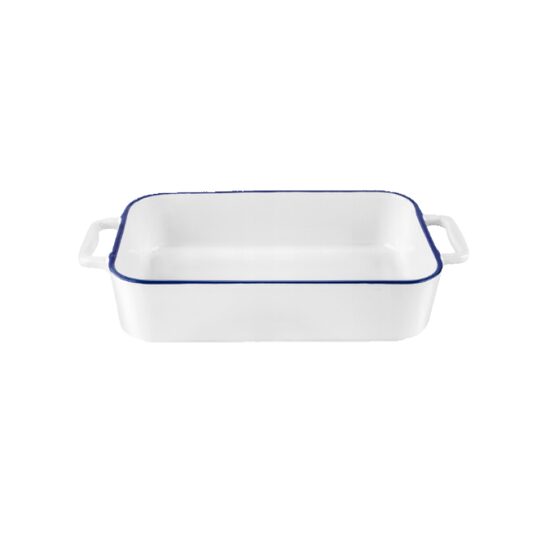 Vas termorezistent din ceramica dreptunghilar pentru cuptor, 27 cm, capacitate 1.5 litri, alb cu margine albastra, Yucca Florina