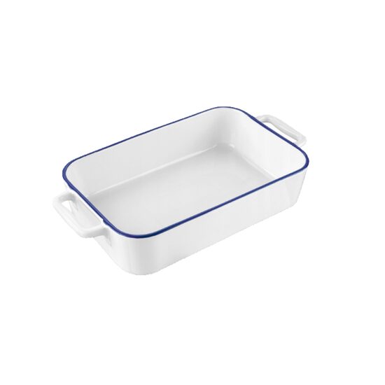 Vas termorezistent din ceramica dreptunghilar pentru cuptor, 33 cm, capacitate 2.2 litri, alb cu margine albastra, Yucca Florina