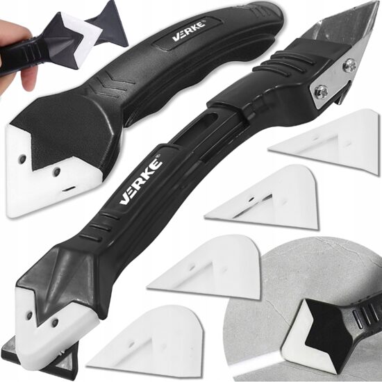Set aplicator si razuitor silicon pentru bucatarie, baie, podea, ferestre, 4 capete incluse, negru, Verke