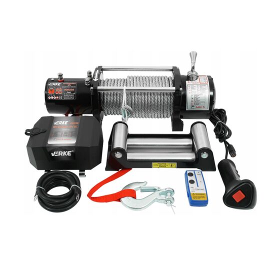 Troliu electric 12 V 130 A , tragere maxima 12000  l, capacitate ridicare 5440 Kg, lungime calbu 24 m, grosime cablu 9.5 mm, Verke