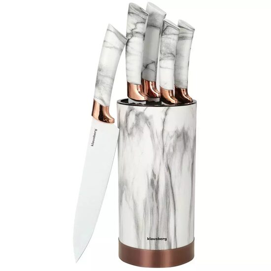 Set cutite din inox cu suport, 6 elemente, alb cu model maro, Kinghoff