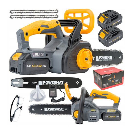 Drujba cu acumulator, fierastrau, 2x baterie 4Ah, pas lant 3/25, Powermat
