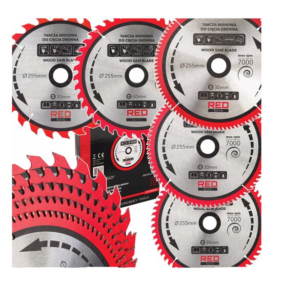 Set disc circular pentru lemn 255 x 30 mm, 24, 40, 60, 8, 100 dinti, 5 bucati,  Red Technic