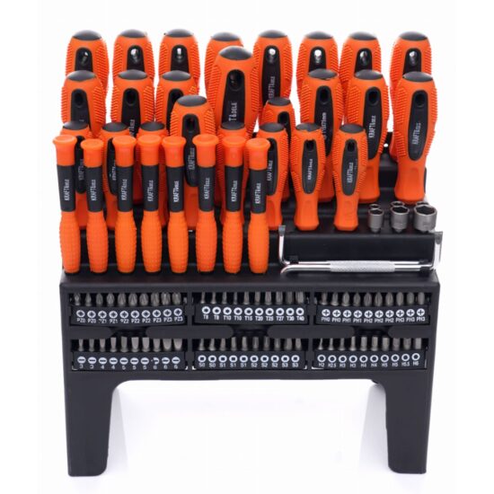 Set surubelnite si biti 100 elemente, cu suport pentru depozitare, Kraft