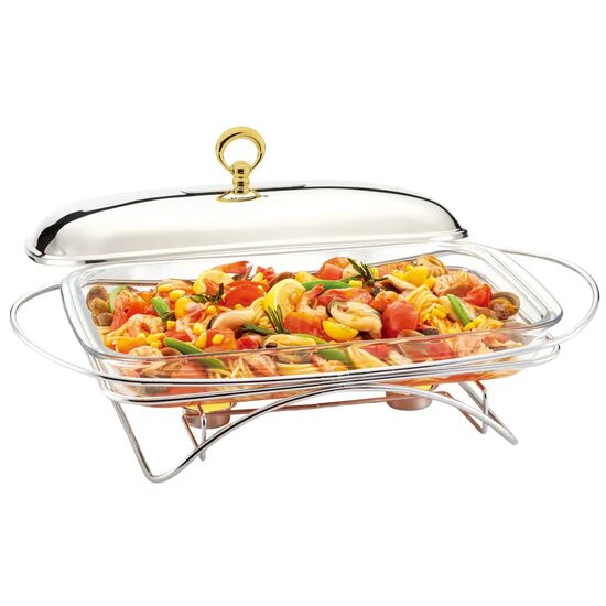 Vas, recipient pentru incalzirea alimentelor, sticla, capacitate 3 litri, suport din otel inoxidabil, Klausberg