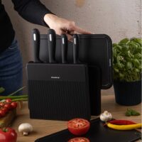 Set cutite si tocator 8 piese, cu organizator, negru, otel inoxidabil, Klausberg