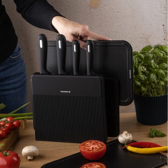 Set cutite si tocator 8 piese, cu organizator, negru, otel inoxidabil, Klausberg