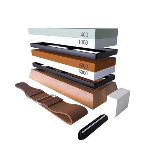 Set piatra pentru ascutit cutite cu suport din bambus, granulatii diferite, Kraft