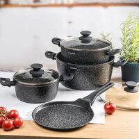 Set de 7 piese, oale si tigaie pentru clatite, aluminiu turnat si strat antiaderent marmorat, negru, Klausberg