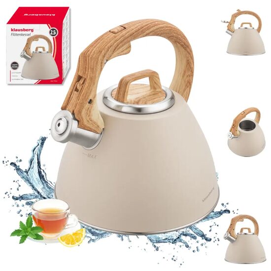 Fierbator traditional, ceainic din otel, capacitate 2,5 litri, cu maner din imitatie de lemn, bej, Klausberg