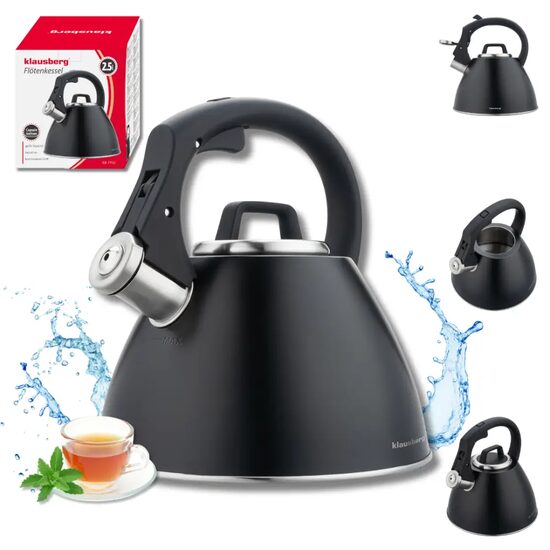 Fierbator traditional, ceainic din otel, capacitate 2,5 litri, cu maner moale la atingere, negru mat, Klausberg