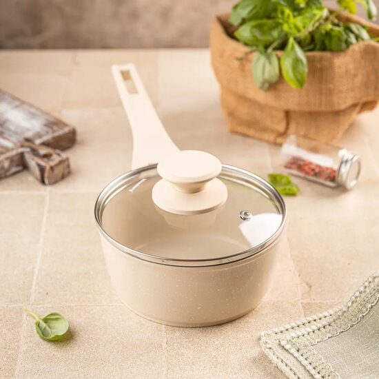 Cratita marmorata bej cu capac, 16 cm, 1.2L, Klausberg