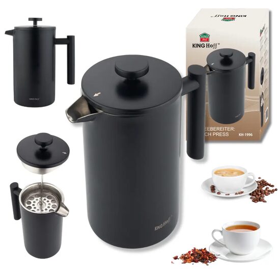 Ceainic, infuzor pentru cafea, capacitate 1 litru, perete dublu, maner din lemn, negru, Kinghoff